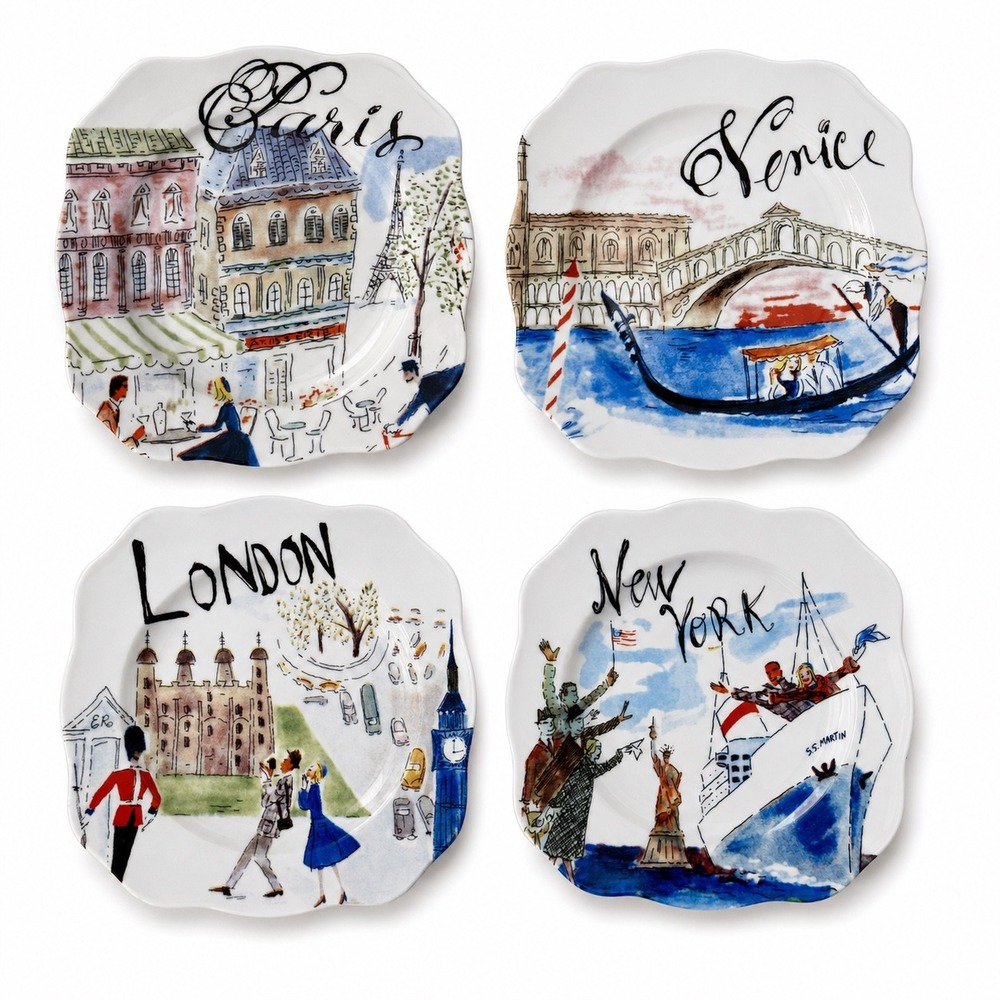 Discontinued Rosanna Bon Voyage City Plates(4) Paris London Venice New York